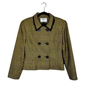 Kasper ASL Wool Yellow Black Plaid Double Breasted Blazer Jacket Size 8 Lined
